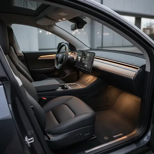 Interior of a luxury Tesla highlighting the expansive glass roof and minimalist design