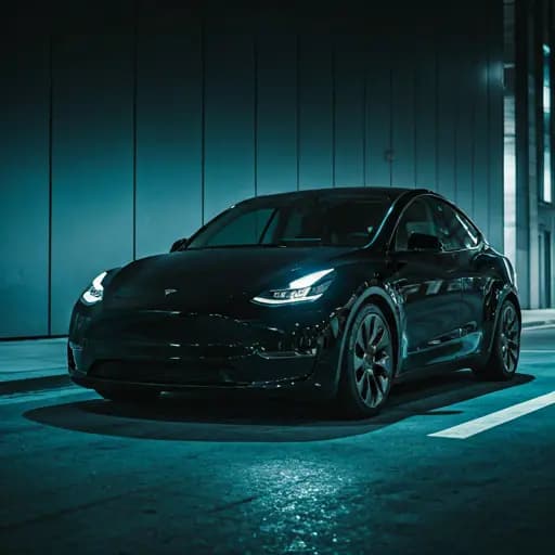 Tesla Model Y side view at night in a high-tech garage